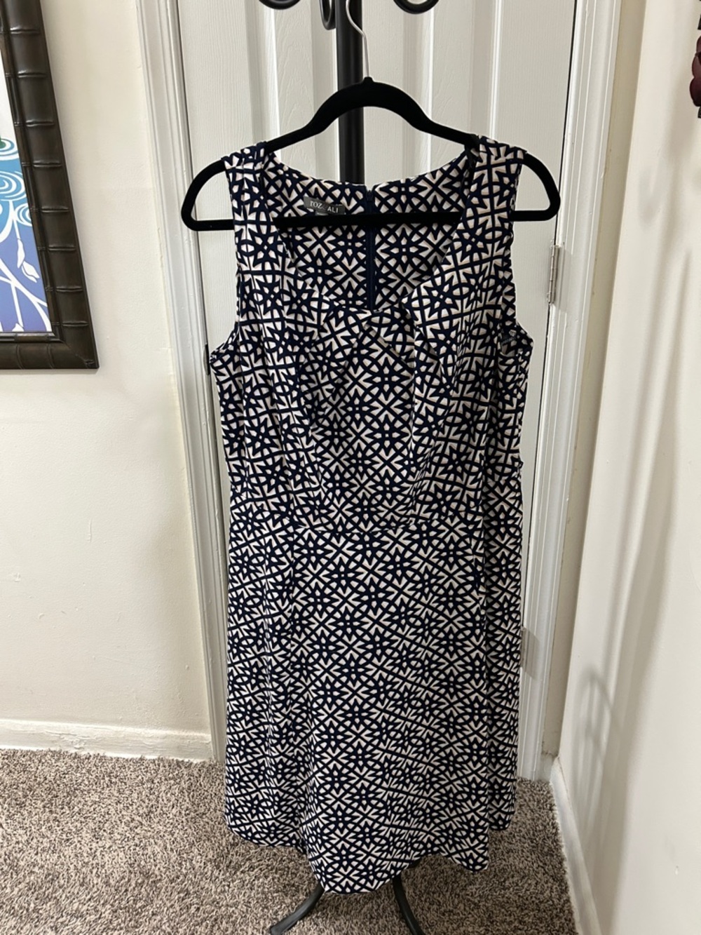 Talbots Navy and White Geometric Sleeveless Midi Dress